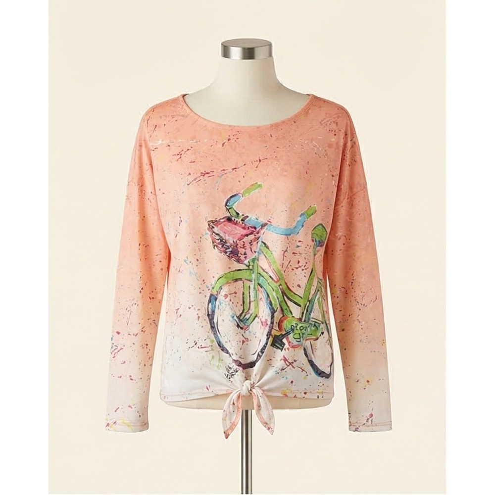 Leoma Lovegrove S Peach Ombre‎ Bicycle Graphic Tie Front Long Sleeve Top Small